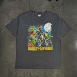 Harley Davidson Halloween Scene Werewolf Biker Bats Scarecrow Raven Goth T-Shirt